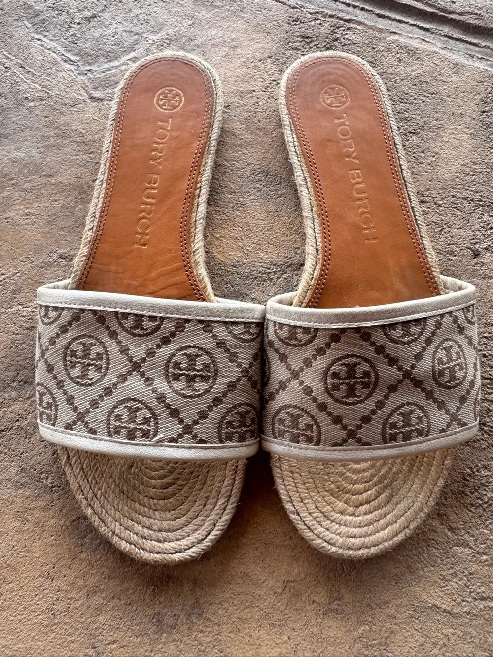 Tory Burch T Monogram Jacquard Espadrille Slide Sandals Beige Size 9M